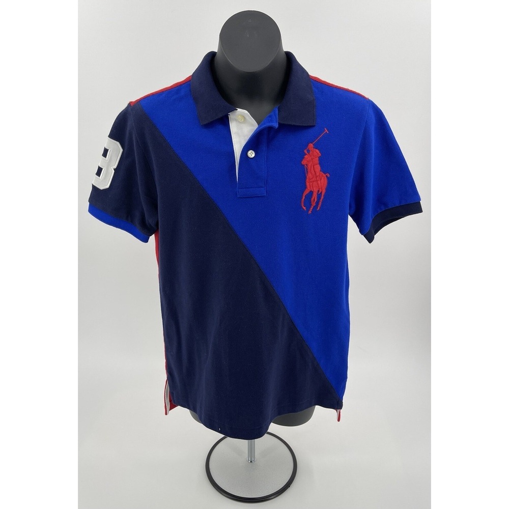 Polo Ralph Lauren Boy's Blk Blue Large Pony #3 Diagonal Stripe Polo M (10/12)